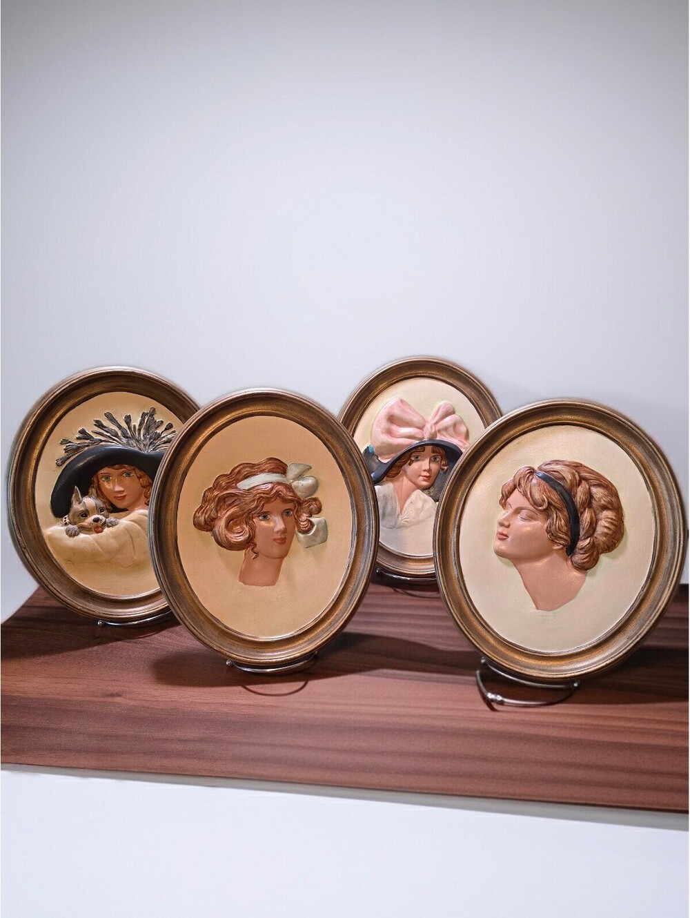 Set of 4 Vintage Duncan Ceramic Erma Gilliland Lady Cameo Oval Plaques